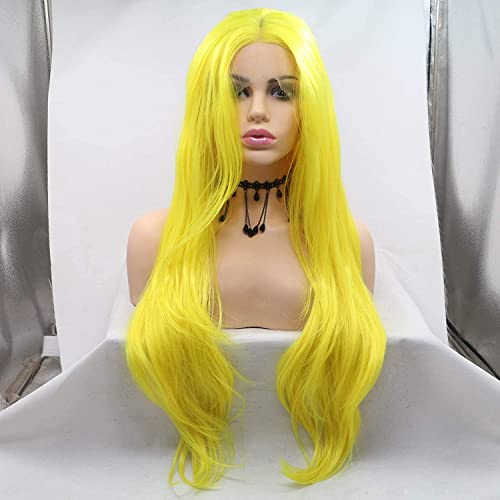Perruque jaune synthétique aspect naturel dentelle frontale femme longue