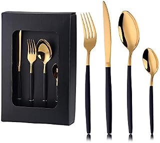 Cutlery Set, 16 Piece Black Gold Cutlery Set Stainless Steel, Flatware Set of 4 Tableware for Daily Life 4 x Forks, 4 x Dinner Knives, 4 x Dinner Spoons, 4 x Teaspoons - Service 4(Black Gold)