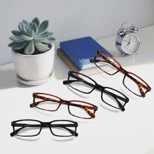 Image of Kerecsen 4 Pack Reading Glasses for Men and Women with Spring Hinges, Lightweight Black Rectangular Readers Eyeglasses (2 BLACK 2 Tortoise, 0.50, x)
