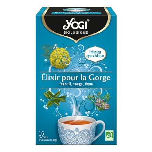 Yogi Biologique Elixir pour la Gorge, Infusion 100% Bio Fenouil, Sauge et Thym, 15 Sachets thermosoudés et sans agrafe, 27 g, 311316