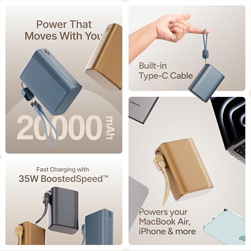 Ambrane 20000mAh 35W Fast Charging Small Pocket Size Powerbank, Hanging InBuilt Type C Cable, Type C PD & USB Output for iPhone, Android Mobiles & Other Devices (PowerMini 20, Blue) view 2