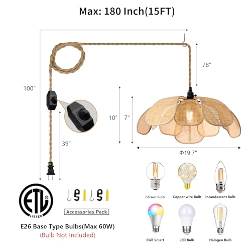 Image of 20 Inch Boho Flower Plug in Chandeliers for Dining Room | Farmhouse Rattan Pendant Lights Girl Chandelier Hand Woven Bedroom Light Fixture Dimmable Hanging Lamp For Kitchen Island