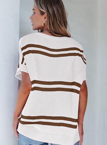 SHEWIN Oversized Sweaters for Women Causal V Neck T Shirts Loose Short Sleeve Sweater Spring Tops3