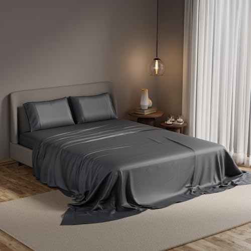 Stoa Paris Satin Queen Size Sheet Set, Silky Bedsheet, Deep Pocket Fitted Sheet, Pillowcase, Breathable, Ultra Soft, Cooling, Shrink & Fade Resistant Luxury Bedding, Date Night Collection - Grey