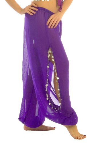 Miss Belly Dance Bellydancer Sarouel en Mousseline de Soie avec Fentes latérales Danse de Jeune Fille pour Femme Violet/Or Cover