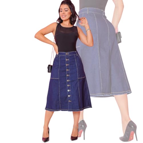 Saia Jeans Evangelica Evase Midi Elastano Botão Comportada (BR, Numérico, 44, Regular, Regular, Jean