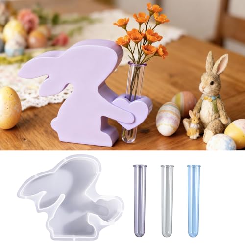 Lapin Vase Moule, ZoneYan Resine Epoxy Moule Silicone, avec 3 Tubes à Essai, Lapin Moules Bougies, Pâques Moules Silicone Vase a Fleurs, Pâques Lapin...