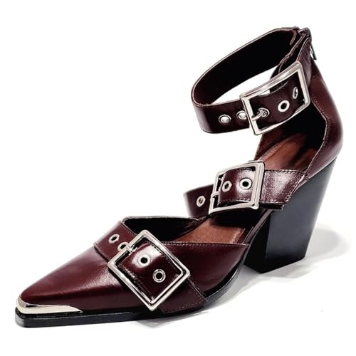 MAVMAX Strappy Heels Western Sandals for Women Chunky Heel Pumps Thick Closed Pointed Toe Heels Metal Buckle Strappy Shoes2
