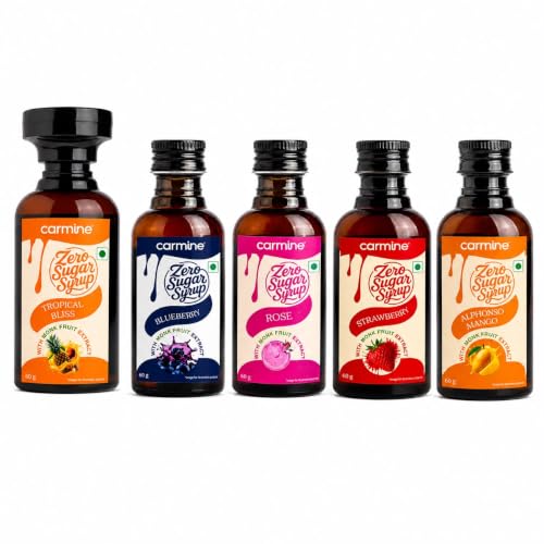 Zero Sugar Syrups - Combo of 5 Syrups (Alphonso Mango, Blueberry, Strawberry, Tropical Bliss and Rose), 60 g each