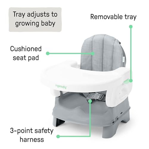 Image of Ingenuity Deluxe Comfort Booster Seat for Kitchen Chair, Compact Fold, Portable, Lightweight, Toddler Booster Seat for Dining Table, from 6 Months to 3 Years - Grey (Pack of 2)
