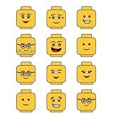 12 pc 1.5x1.5 Value pk Block Toy Faces Letters Numbers Minifigure Head Wall Decals, 12 Emotions, Vinyl Stickers for Kids Room Decor Baby Names Kids Names Notebook Laptop