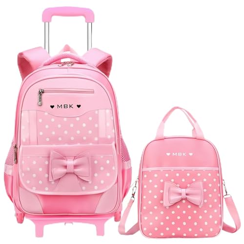 Conjunto de mochila com rodinhas para meninas, com laço fofo, mochila escolar com rodinhas para escola - 6 rodas