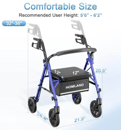 Image of HOMLAND Foldable Walkers for Seniors with Seat, 16lb Light Rollator Walkers | 22 inch Wide, 5-Level Height Adjustable, for Narrow Spaces, Comfortable Elastic Seat, Portable Rollator, Stylish Colors, Blue
