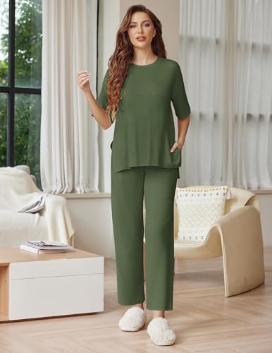 Image of Ekouaer Lounge Sets for Women Short Sleeve Tops and Long Pants Soft Comfy Pajamas Set 2 Piece Outfits