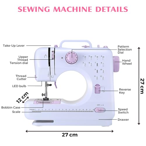 Mini Nähmaschine - 12 Stiche Elektrische Tragbare Nähmaschine mit Eingebautem LED-Licht und Fußpedal, Multifunktionsnähmaschine Haushaltsnähmaschine Doppellinien-Rückwärtsstich für Anfänger/Kinder