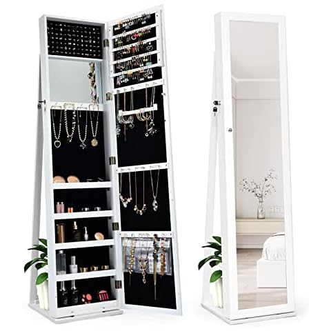 FANTASK Full Length Mirror Jewelry Cabinet, Free Standing Jewelry Armoire w/Inside Makeup Mirror, Stable Base, Large Storage Capacity, White Lockable Jewelry Cabinet Organizer, Easy Assembly Cover