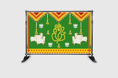Image of Weaved Coconut Leaf with Yellow Marigold Flower's Ganesh ji Design Backdrop Cloth for Pooja Decoration Traditional Curtain for Festival Size 5Feet Height and 8Feet Width(5 * 8)