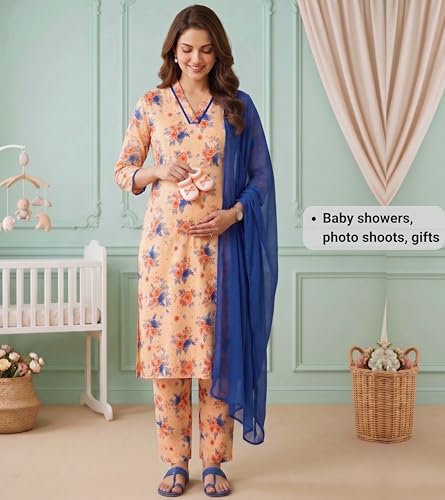 Image of DUMMY SHAPE Maternity Dresses for Women Cotton | Floral Kurta Pant Dupatta Set with Nursing Zippers, Side Pocket | Pre & Post Pregnancy | Feeding Kurti Suit | Baby Shower | Gifts for Pregnant Woman