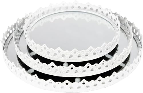 CASA HEAVEN Juego de 3 bandejas redondas con espejo - Bandejas decorativas Shabby Chic de metal y cristal - Elegante centro de mesa y organizador para perfumes, maquillaje y joyas (diámetros 20/25/30