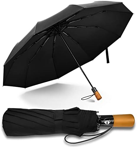 H S T Compact Travel UV Sun Umbrella Windproof Small Umbrella for Rain,45Inch Folding Mini UPF Umbrella Automatic Open and Close,Wood Handle Portable Umbrella for Men/Women/Backpack-Black