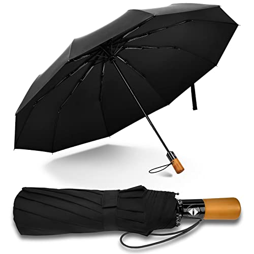 H S T Compact Travel Uv Sun Umbrella Windproof Small Umbrella For Rain,45Inch Folding Mini Upf Umbrella Automatic Open And Close,Wood Handle Portable Umbrella For Men/Women/Backpack-Black #TOP24
