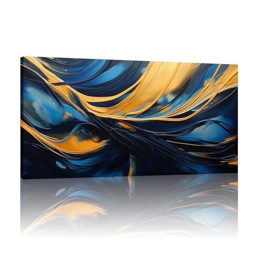 Art mural bleu et doré : toile abstraite 40x90 cm encadrée pour salon