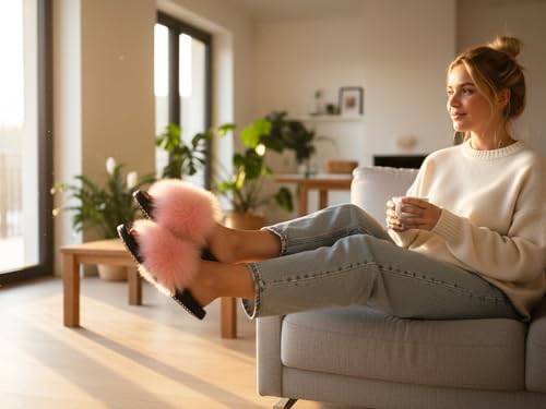 Image of Big Faux Fur Slides, Furry Slippers for Women Fuzzy Fluffy Sandals Shoes