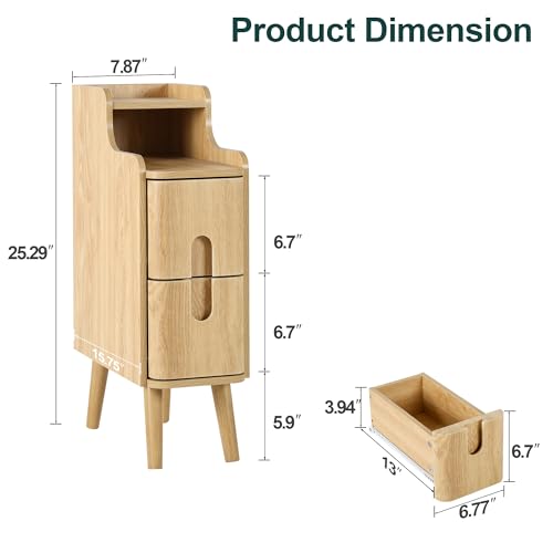 Image of FurSch Narrow Nightstand, Wooden 2 Drawer, Natural, Set of 2