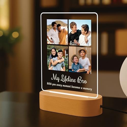 Image of Giftplease Personalized Brother Gift Photo Night Light - Custom Acrylic Picture Frame Plaque with Photos & Wooden LED Base, Brother Custom Desk Lamp, Meaningful Birthday, Rakhi Gifts for Brother