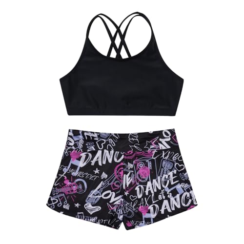 Girls Criss Cross Back Crop Top with Booty Shorts Kids Digital 2 Pcs Athletic Dancewear3