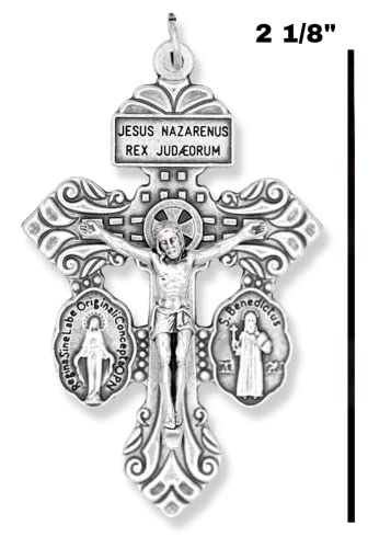 Bulk Pack Of 5 - Pardon Indulgence Crucifix With St Benedict Medal And Miraculous Medal Triple Threat Crucifix Cross For Rosary Making - 2 1/8 Inch Silver Oxidized Italian Crucifix Catholic Rosary Making Supplies #TOP5