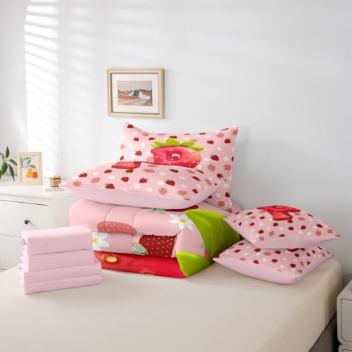 Image of Feelyou Girls Strawberry Comforter Set Full Size 7 Pieces Pink Strawberry Bedding Set for Kids Boys Girls Initial Letter P Bed in a Bag with Comforter, Sheets, Pillowcases, Cushion Covers