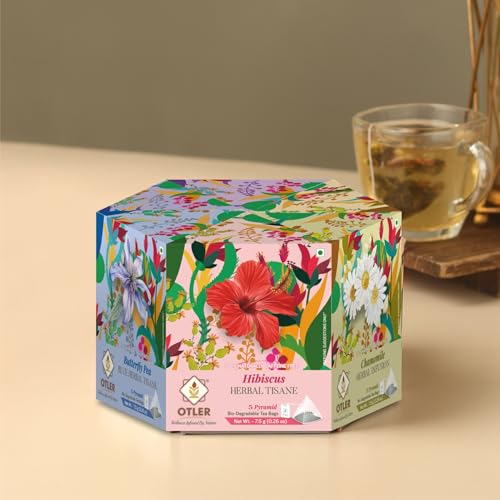 Image of Otler Herbal Tea Sampler - 6 Blends | Hibiscus, Chamomile, Passion Fruit, Berry & More | 30 Herbal Tea Bags (5 Per Blend) | Detox, Relax & Gifting | Caffeine Free | 100g