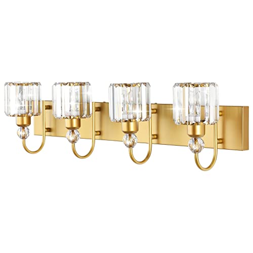 Image of Ralbay Gold Vanity Lights 4-Lights Gold Crystal Bathroom Vanity Lights Over Mirror Modern Crystal Bathroom Wall Lighting Fixtures