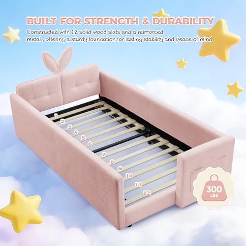 Image of Twin Size Bed Frame for Kids, 83 inch Upholstered Daybed Montessori Platform Floor Bed W /Safety Rails & Storage Pocket Cute Rabbit Ear Shaped Headboard for Girls Boys, Pink