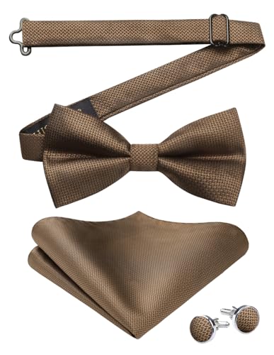HISDERN Noeud Papillon Homme Marron Nœud Papillon Pré-noué de Homme et Mouchoir de poche Boutons Ensemble pour la Fête de Mariage Smoking