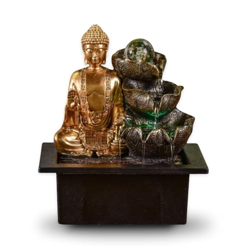 Brunnen Buddha Arya - Zimmerbrunnen Buddha Abnehmbar - Geschenke - Deko-Objekt Zen Buddhismus - Tischbrunnen LED-Licht - Geschlossener Kreislauf - Braun...