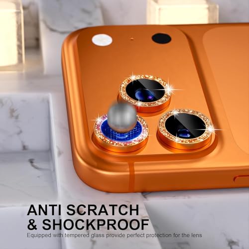 Image of Choiche Compatible for iPhone 17 Pro /iPhone 17 Pro Max Camera Lens Protector Bling, 9H Tempered Glass Camera Cover Screen Protector Metal Ring Decoration Accessories (Glitter-Orange)