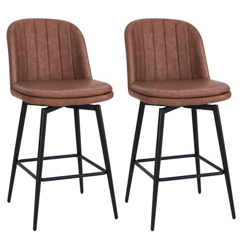 Image of COSTWAY Bar Stool Set of 2, 27 Inch Swivel Counter Height Chair with Padded Seat, Metal Legs & Footrest, PU Leather Bar Chair for Kitchen Island (2)