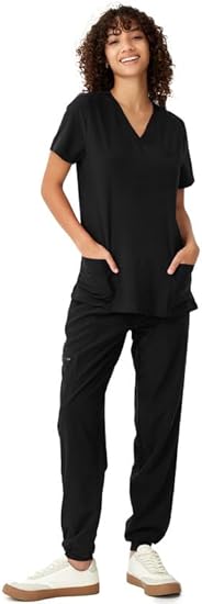 Women's V-Neck Scrubs Top & Cargo Pants Set, 10 Pockets, Yoga Waistband, 4 Way Stretch