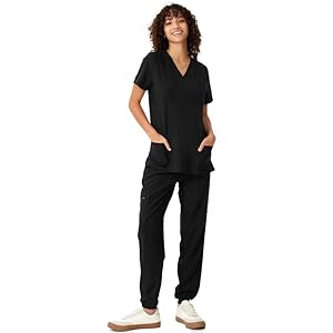 Women’s V-Neck Scrubs Top & Cargo Pants Set, 10 Pockets, Yoga Waistband, 4 Way Stretch
