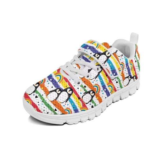 Boys Girls Sneakers Kids Breathable Lightweight Strap Tennis Athletic Running Shoes Penguin Rainbow Pattern