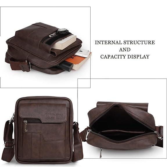 GOLD SKY Men's PU Leather Sling Bag | Cross Body Messenger Travel Office Bag with Adjustable Strap | 4 Zipper Pockets | Fits 10 Inch Tablet (Classic Brown) 3