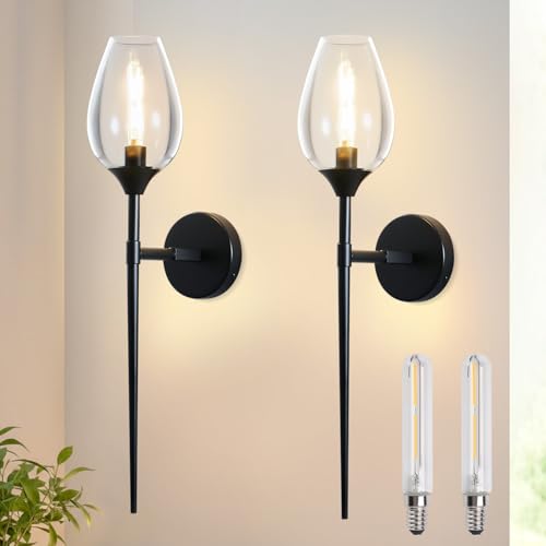 SERBASIC Black Glass Wall Light with Wine Shade 2Pack,Vintage Wall Sconce with E14 Bulb for Bathroom Bedroom Living Room Hallway