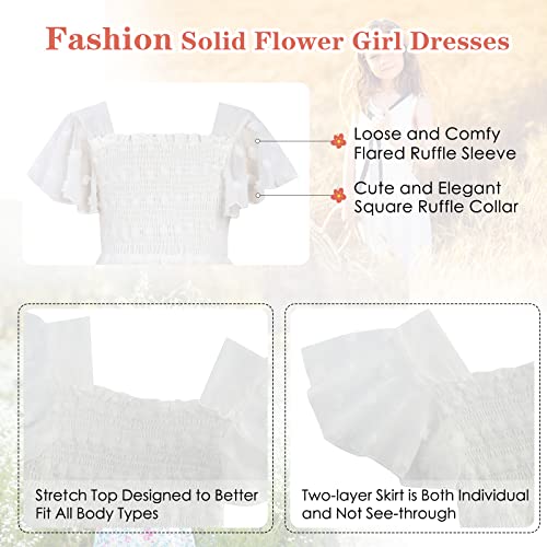 Pure White Chiffon Dresses 12 13 Year Old Young Girls Elegant Flutter Sleeve Square Neck Swiss Dot Sundress Size 12 13 Teens Tulle Midi Dress Special Occasion Banquet Plain Frocks #TOP5
