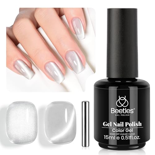 Image of Beetles Silver Cat Eye Gel Polish, 15ML Magnetic White Pearl Cat Eye Gel Nail Polish, Shimmer Glass Clear Effect for French Nail Art, Soak Off UV LED Gel Polish for Salon DIY Manicure