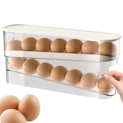 Ruwshuuk Huevera para frigorífico – Bandeja de huevos de desplazamiento automático – Contenedor de gran capacidad para cocina casa transparente