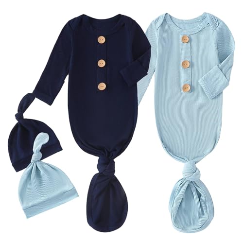 OPAWO Knotted Gown Baby Newborn Sleepers Baby Boy Coming Home Outfit, Bamboo Viscose Baby Gowns with Mitten Cuffs and Hat Set