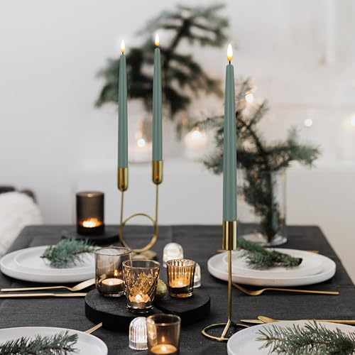 Image of CVHOMEDECO. Flameless Taper Candles with 10-Key Remote, Battery Operated Led Flickering 3D Wick Window Candles Real Wax Finished Home Christmas Party Decor 0.78 x 11 Inch, Pack of 3, Grey Green