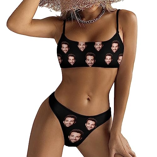 DIYKST Women Swimsuit Stripe Bikini with Face Personalized Bathing Suit (Fashion, Low Rise, V-Neck, Padded, Non-Adjustable Strap, XS-5XL)